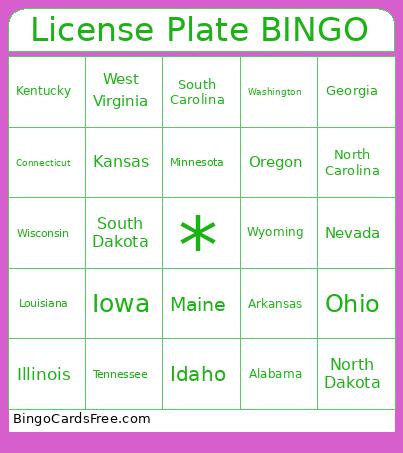 License Plate Bingo Card