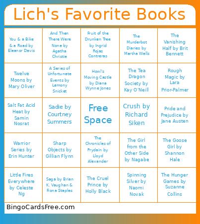 Lich's Favorite Books Bingo Card