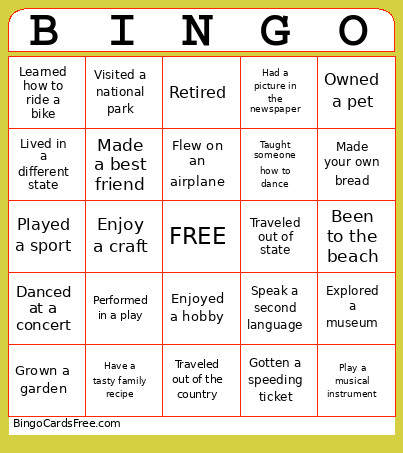 Life Experiences Bingo Card