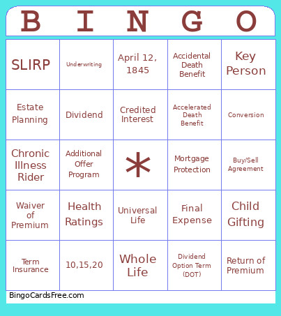 Life Insurance Bingo Card