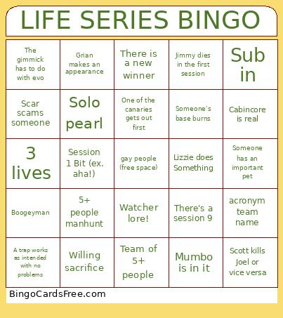 Life Series Bingo Card