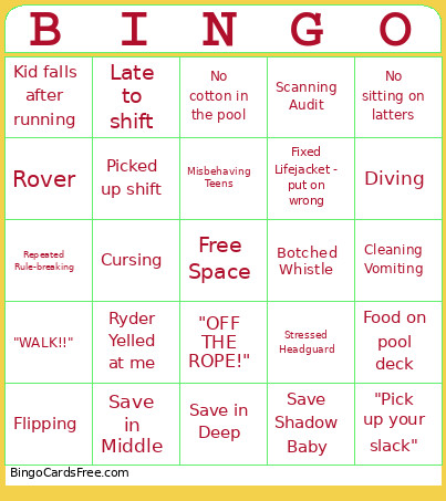 Lifeguard Bingo Card