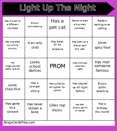 Light Up The Night Bingo Card