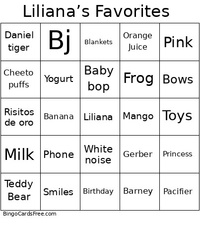 Liliana’s Favorites Bingo Card