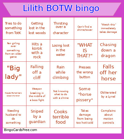 Lilith BOTW Bingo Card