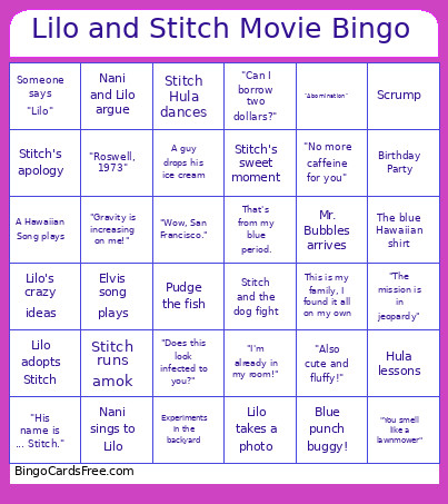 Lilo And Stitch Movie Bingo Card