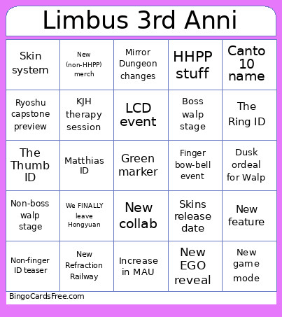 Limbus 3rd Anni Bingo Card
