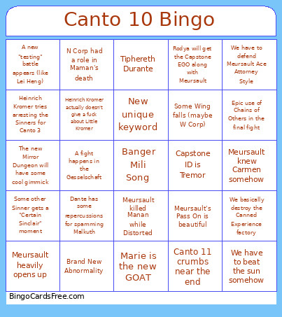 Limbus Company Canto 10 Bingo Card