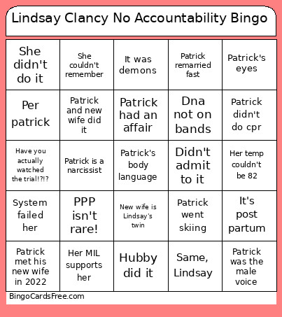 Lindsay Clancy No Accountability Bingo Card