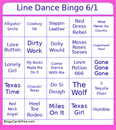 Line Dance 6/1 Bingo Card