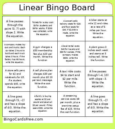 Linear Board Bingo Card