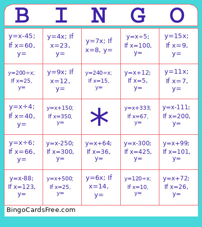 Linear Equations Quiz Bingo Card
