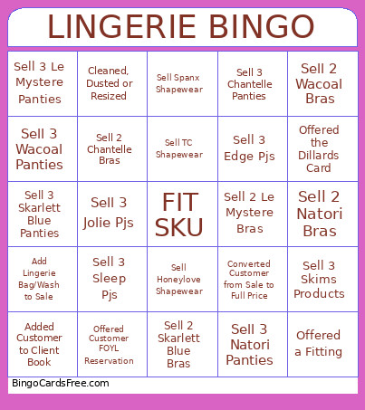 Lingerie Bingo Card