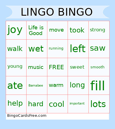 Lingo Family Night Bingo Card