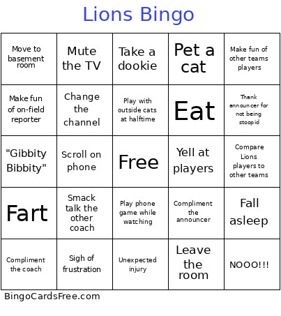 Lions Bingo Card