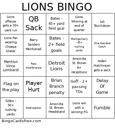Lions Bingo Card