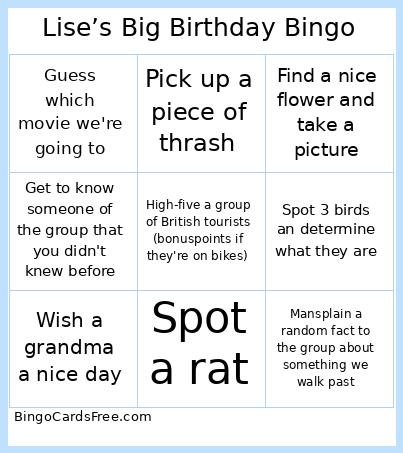 Lise’s Big Birthday Bingo Card
