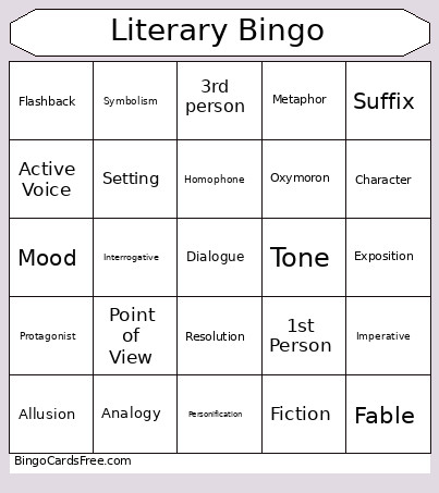 Literary Bingo Card