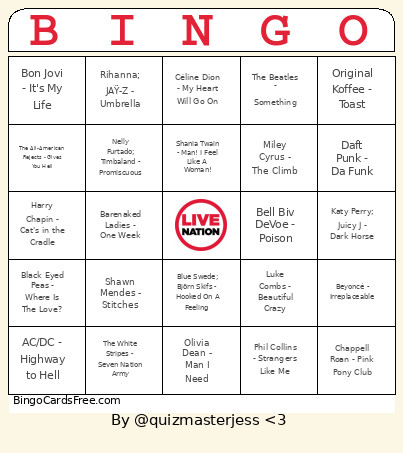 Live Nation - Round 1 Bingo Card