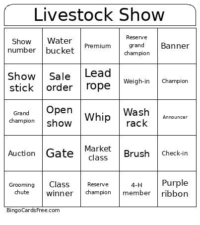 Livestock Show Bingo Card