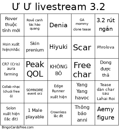 Ư Ư Livestream 3.2 Bingo Card