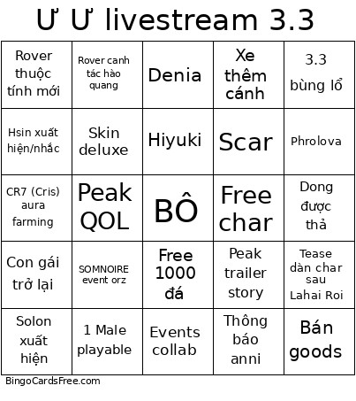 Ư Ư Livestream 3.3 Bingo Card 2