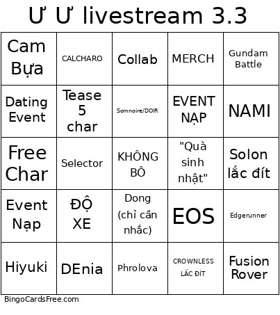 Ư Ư Livestream 3.3 Bingo Card
