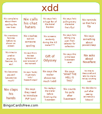 Livestream Bingo Card