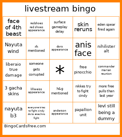Livestream Bingo Card