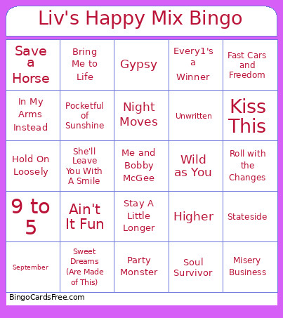Liv's Happy Mix Bingo Card