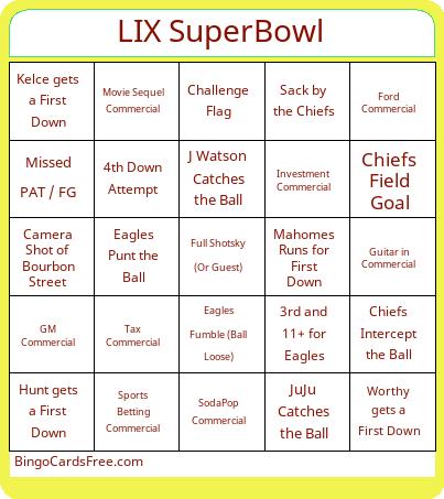 LIX SuperBowl Bingo