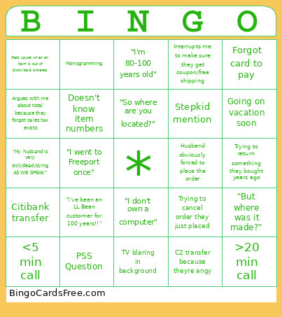 LL Bean Customer Realness Bingo Card