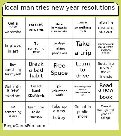 Local Man Tries New Year Resolutions Bingo Card
