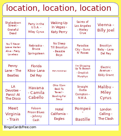 Location, Location, Location Bingo Card