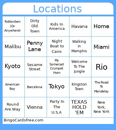 Locations Bingo Card
