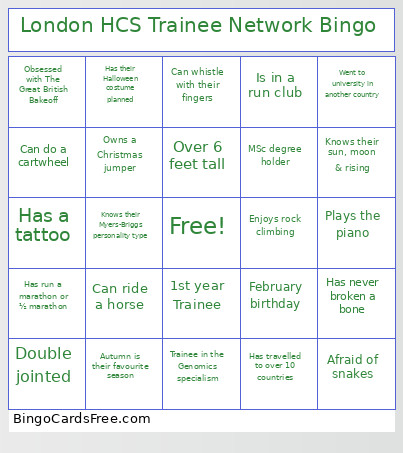London HCS Trainee Network Bingo Card
