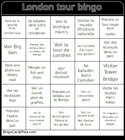 London Tour Bingo Card