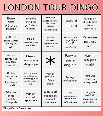 LONDON TOUR DINGO Bingo Card