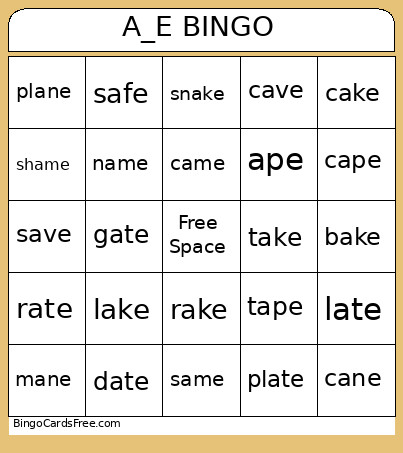 Long A Magic E Bingo Card