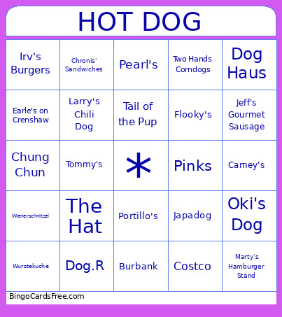 Los Angeles Hotdogs Bingo Card