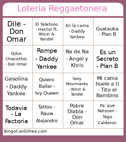 Loteria Reggaetonera Bingo Card