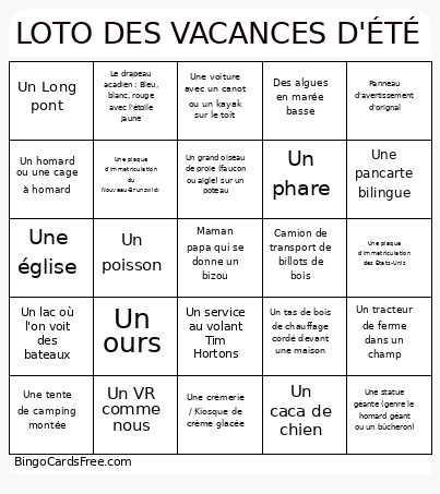 LOTO DES VACANCES D'ÉTÉ Bingo Card