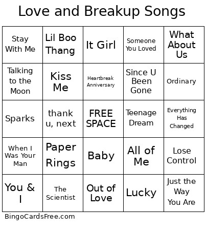 Love And Breakup Songs Bingo Card