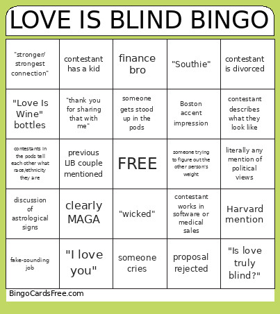 LOVE IS BLIND Bingo Card