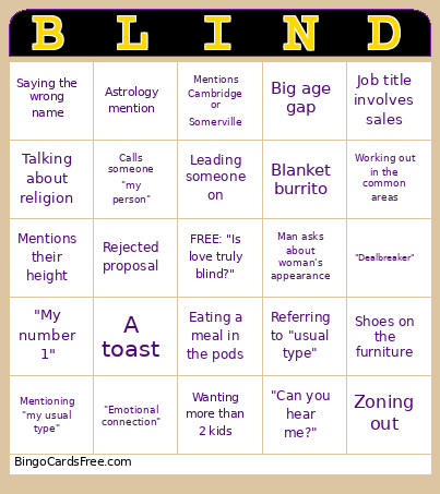 Love Is Blind Boston Bingo Card