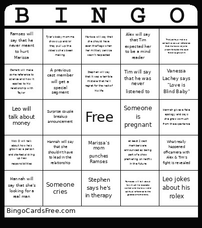 Love Is Blind Reunion Bingo Card
