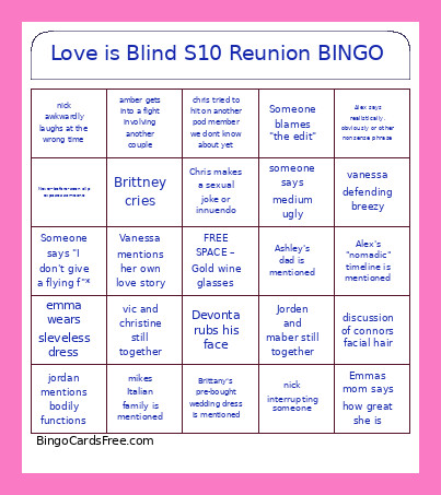 Love Is Blind S10 Reunion Bingo Card