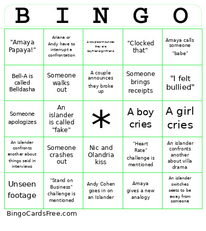 Love Island Bingo Card 2