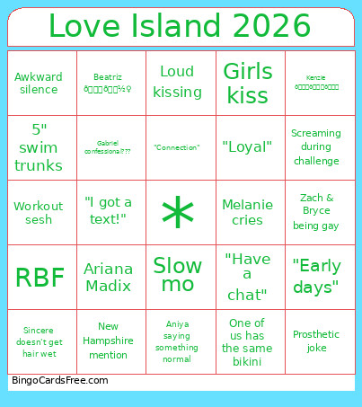 Love Island 2026 Bingo Card