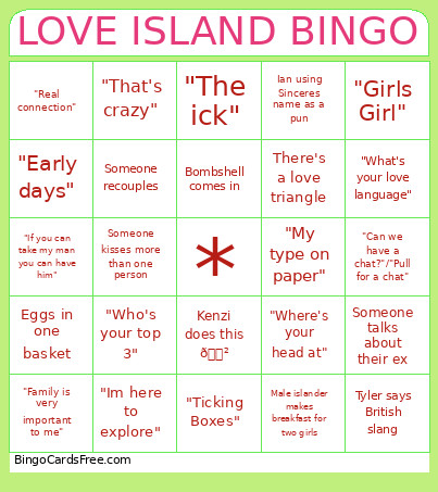 Love Island Bingo Card
